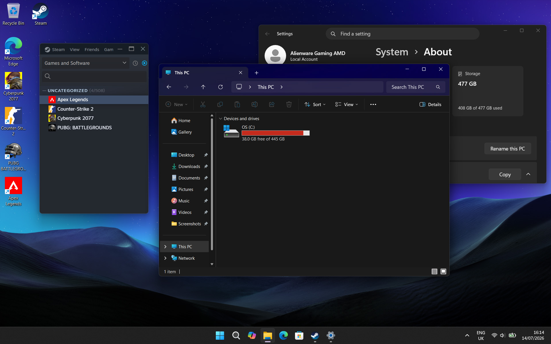 Windows 11 desktop screenshot showing almost full storage on an Alienware 15 gaming laptop with games installed on Steam