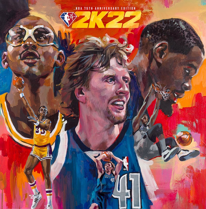 The NBA 2K22 75th Anniversary Edition cover looks like a painting you'd see someplace like the Naismith Basketball Hall of Fame.