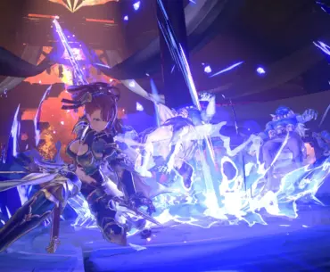 Granblue Fantasy: Relink - Endless Ragnarok screenshot of a woman unleashing a flashy sliding sword attack.