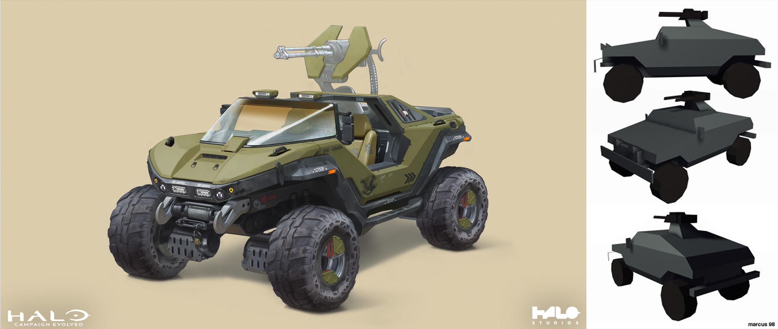 A side-by-side comparison of the Warthog as it appears in Halo: Campaign Evolved and Marcus Lehto's original, block-out design ideation.