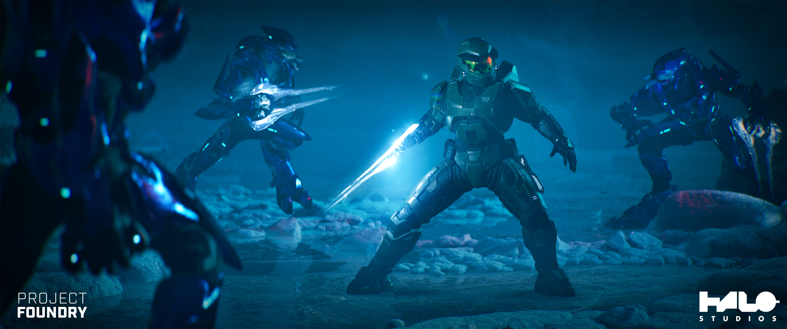 A promotional still from early Project Foundry explorations. The Master Chief prepares to fend off three circling Elites with an Energy Sword.