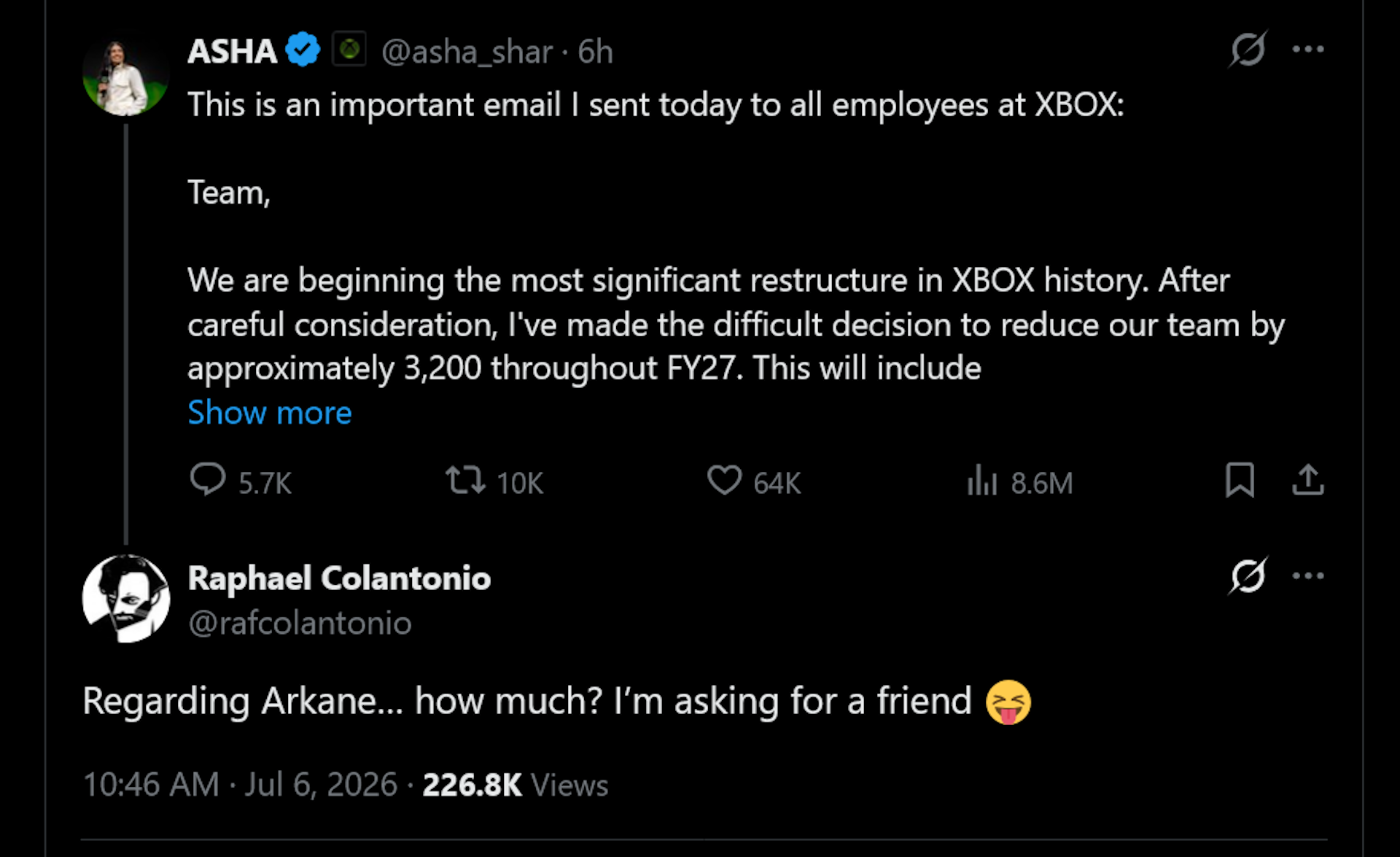 Raphael Colantonio tweet: Regarding Arkane&hellip; how much? I&rsquo;m asking for a friend 😝