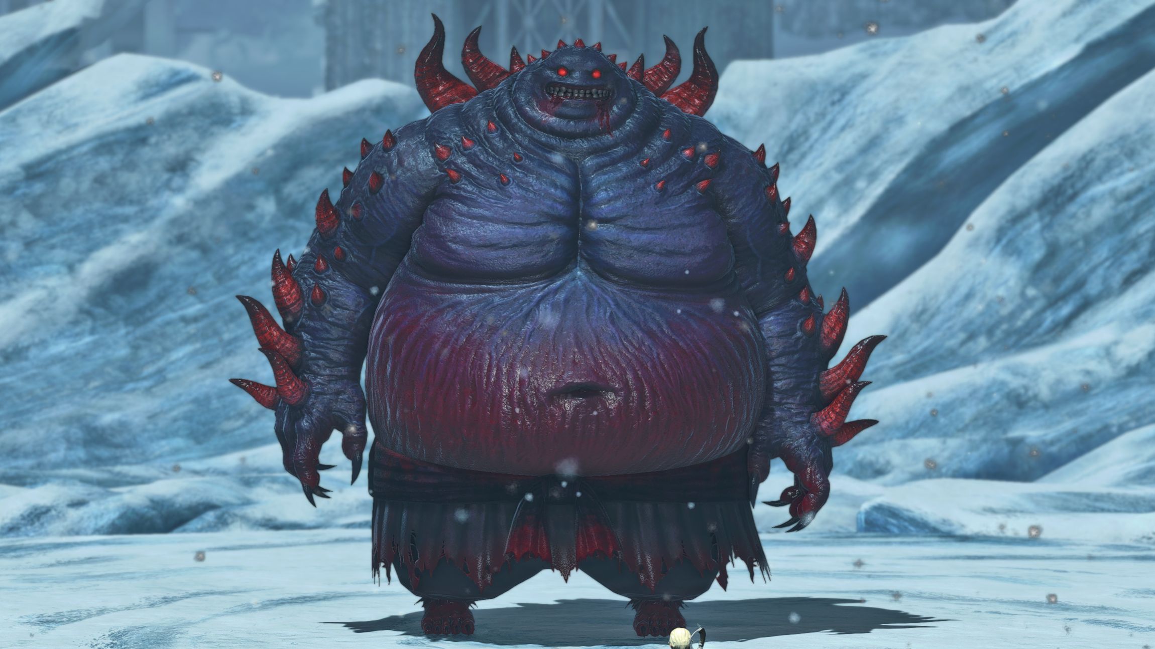 Chort, the Clyteum dungeon boss. He's a tall, round purple and red creature with red eyes.