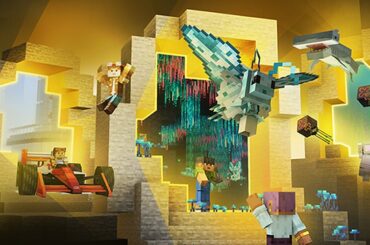 Minecraft characters explore glowing portals displaying worlds, creatures, vehicles, and add-ons, with a dragon flying overhead.