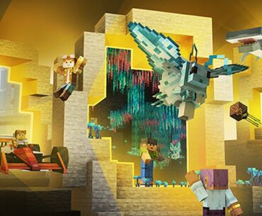 Minecraft characters explore glowing portals displaying worlds, creatures, vehicles, and add-ons, with a dragon flying overhead.