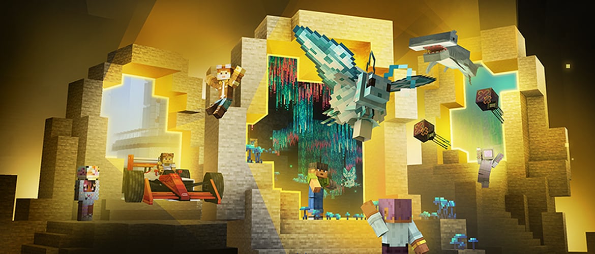 Try Marketplace Pass for Free Minecraft characters explore glowing portals displaying worlds, creatures, vehicles, and add-ons, with a dragon flying overhead.