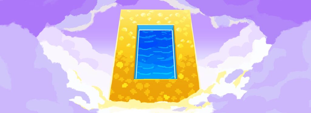 Aether Legends is here | Minecraft Illustrated golden GlowStone portal floating among purple clouds, with a glowing blue center suggesting a magical gateway in the sky.