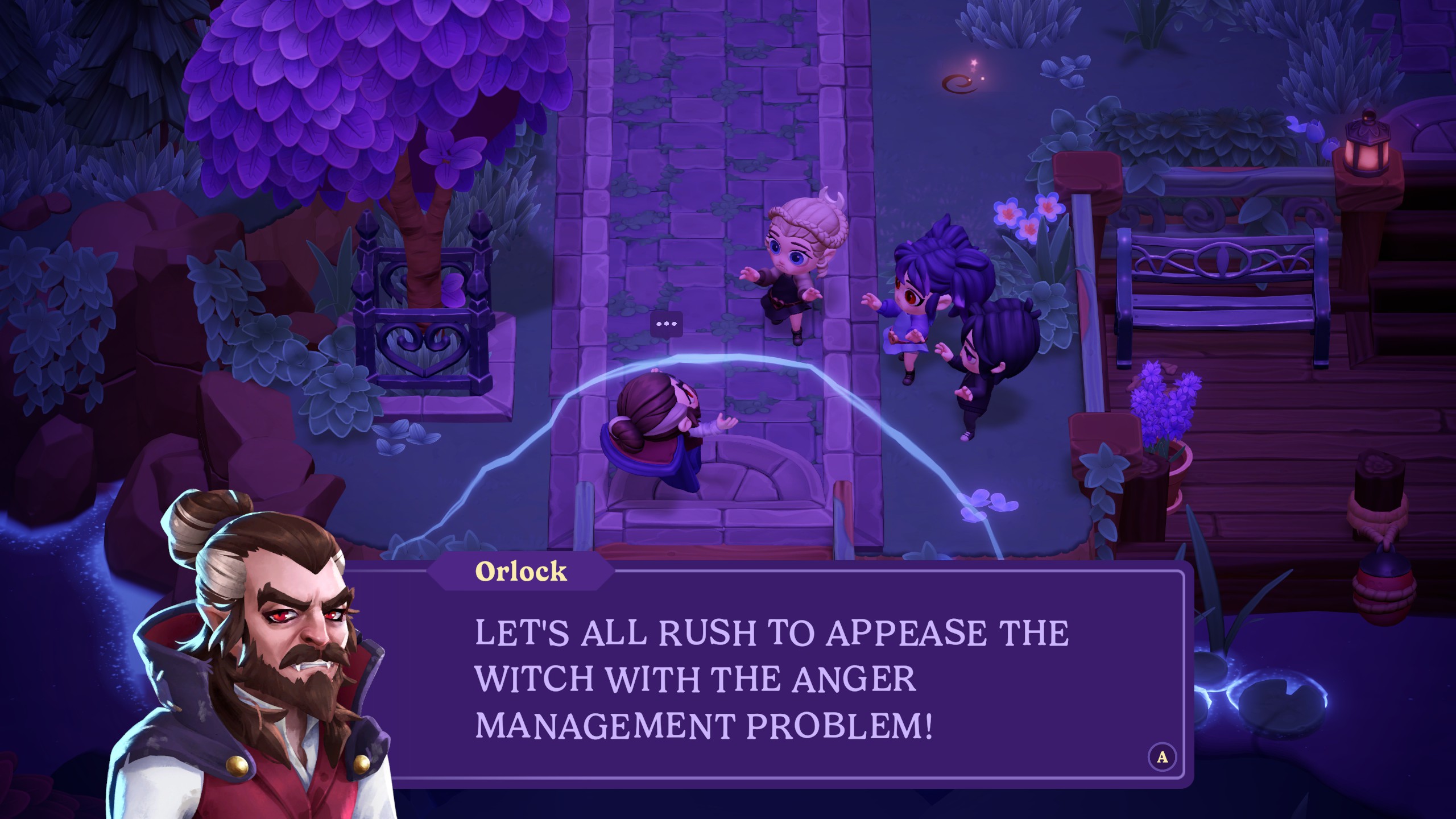 Moonlight Peaks - Orlock raises his hands in the air and screams in all caps: "Let's all rush to appease the witch with the anger management problem!"