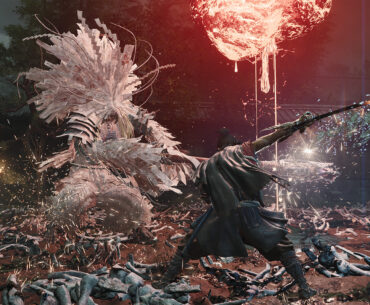 A character in 'Onimusha: Way of the Sword' battles a large, feathered creature under a glowing red orb.