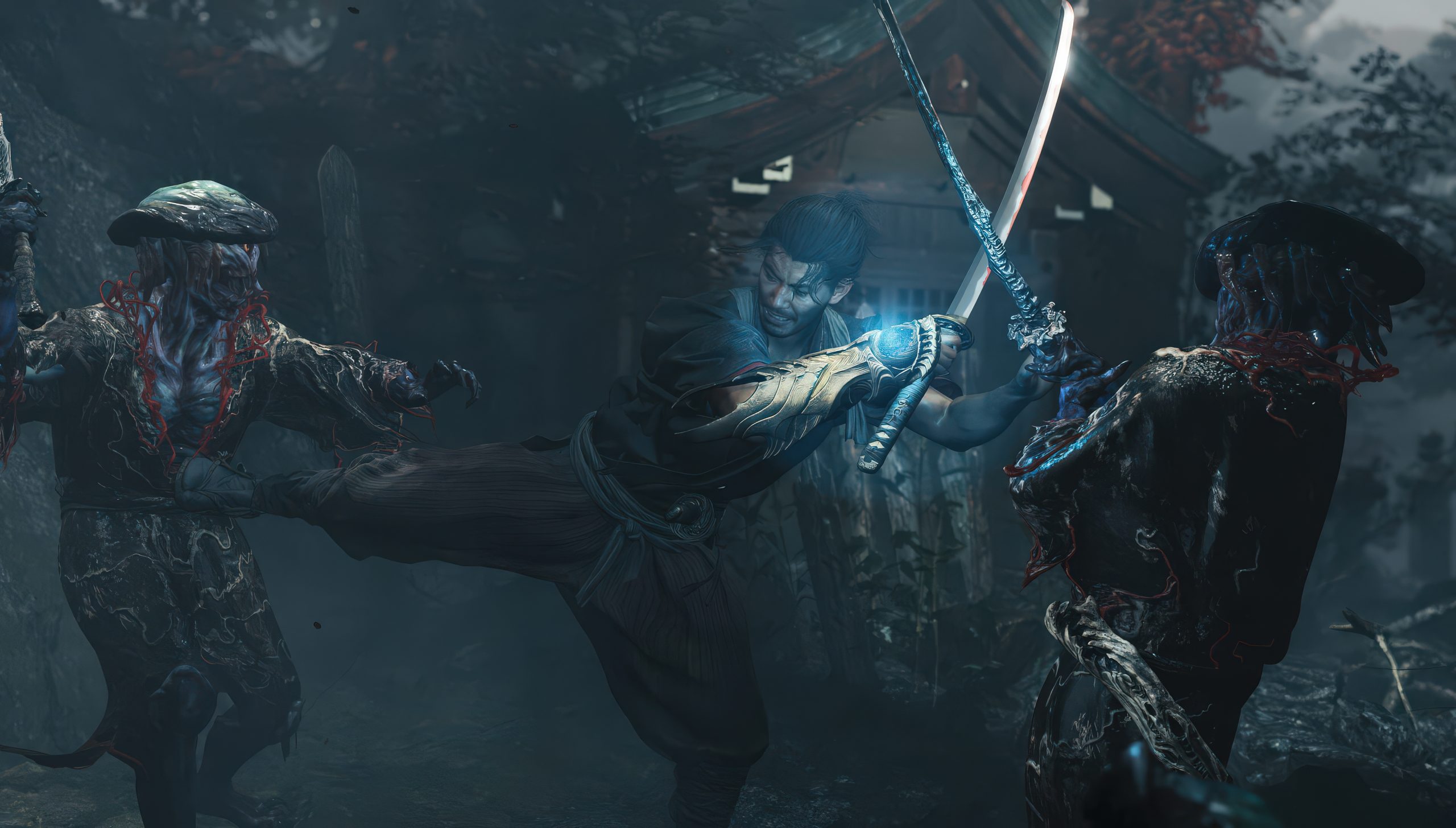 A character from the game Wolong: Fallen Dynasty battles two monstrous figures in a dark, forested setting, wielding a glowing sword.