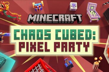 Minecraft Chaos Cubed: Pixel Party promotional artwork featuring players, floating cube creatures, arcade machines, and colorful mini-game challenges in a party-themed arena.