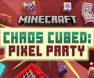Minecraft Chaos Cubed: Pixel Party promotional artwork featuring players, floating cube creatures, arcade machines, and colorful mini-game challenges in a party-themed arena.