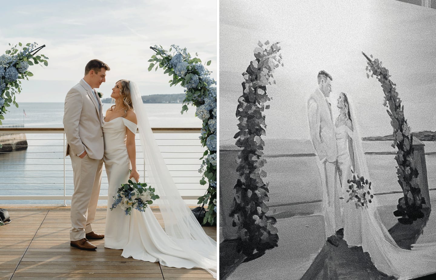 The couple hired painter Linda Marino to re-create a special scene from their wedding day, which she worked on during the reception. Marino brought the portrait back to her studio to add final touches.