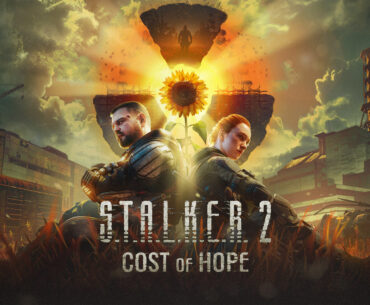 Two characters in front of a dystopian landscape with a sunflower under a glowing radiation symbol, and the text S.T.A.L.K.E.R. 2: Cost of Hope.