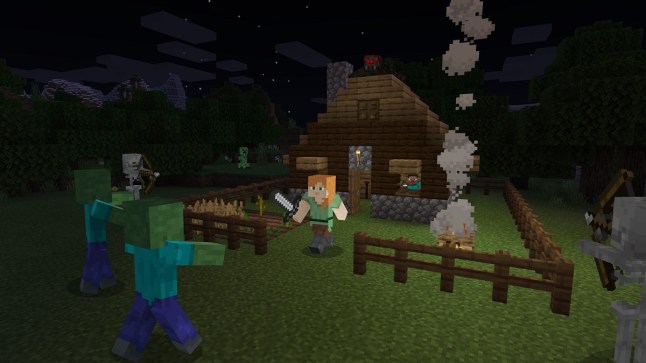 Minecraft gameplay of player character defending their house from zombies during night time