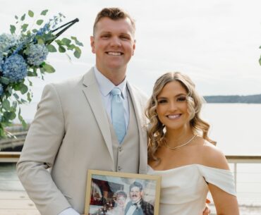 The bride, Elena Munzell, and her mom, Jane, were especially close. "Just any chance she had, all [Jane] wanted to do was talk about her girl," recalls Tim Buonodono. Elena and Tim had their wedding reception on March 27, which would have been her late parents' 33rd wedding anniversary.