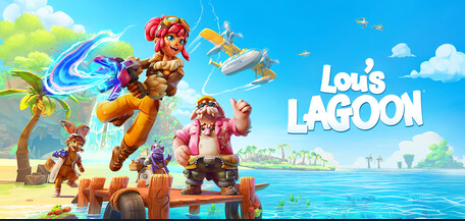 A plane in the air and characters from Lou's Lagoon
