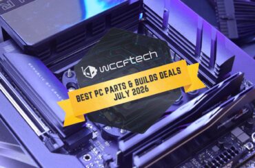 A close-up of a motherboard featuring the 'Republic of Gamers' branding, overlaid with a graphic from Wccftech reading 'Best PC Parts & Builds Deals July 2026.'