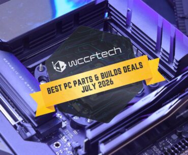 A close-up of a motherboard featuring the 'Republic of Gamers' branding, overlaid with a graphic from Wccftech reading 'Best PC Parts & Builds Deals July 2026.'
