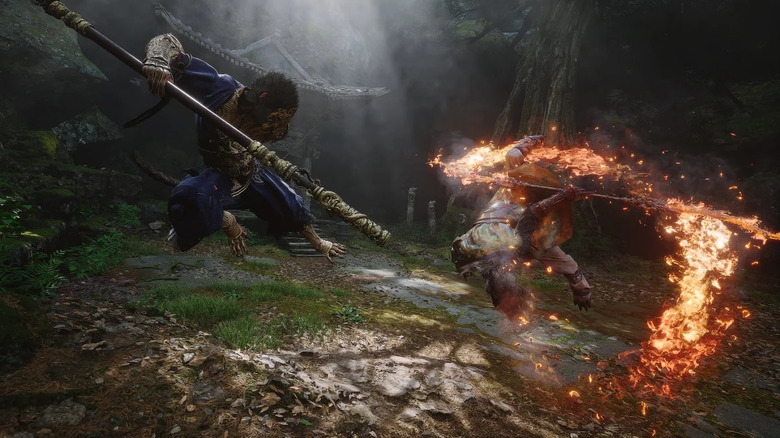 The Destined One fights an enemy with a flaming staff in 