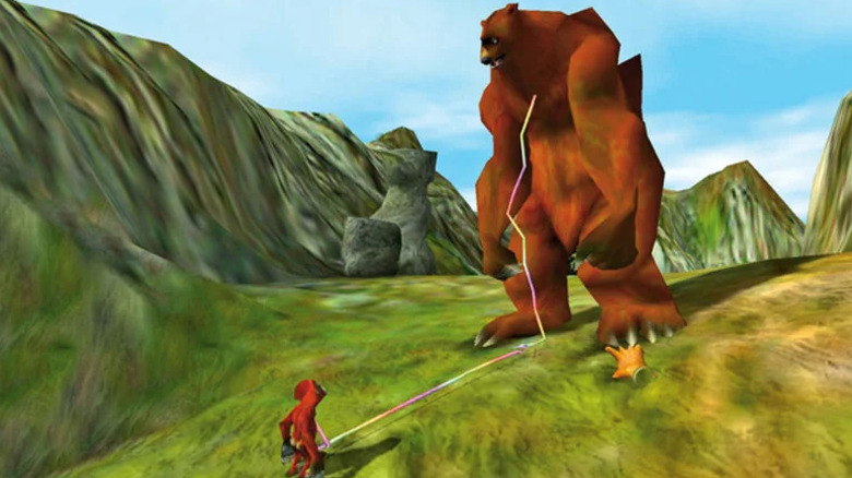 A character stares up at a bear hulking over them in 