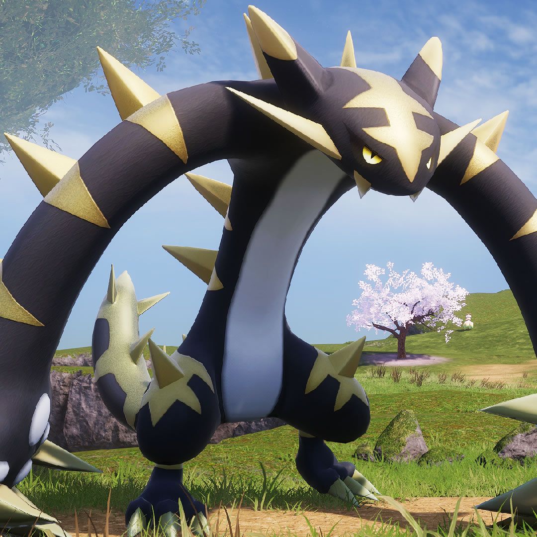 Palworld - Cryolinx Terra, a lizard-like pal that's black and yellow with long arms and spikes all down its arm.