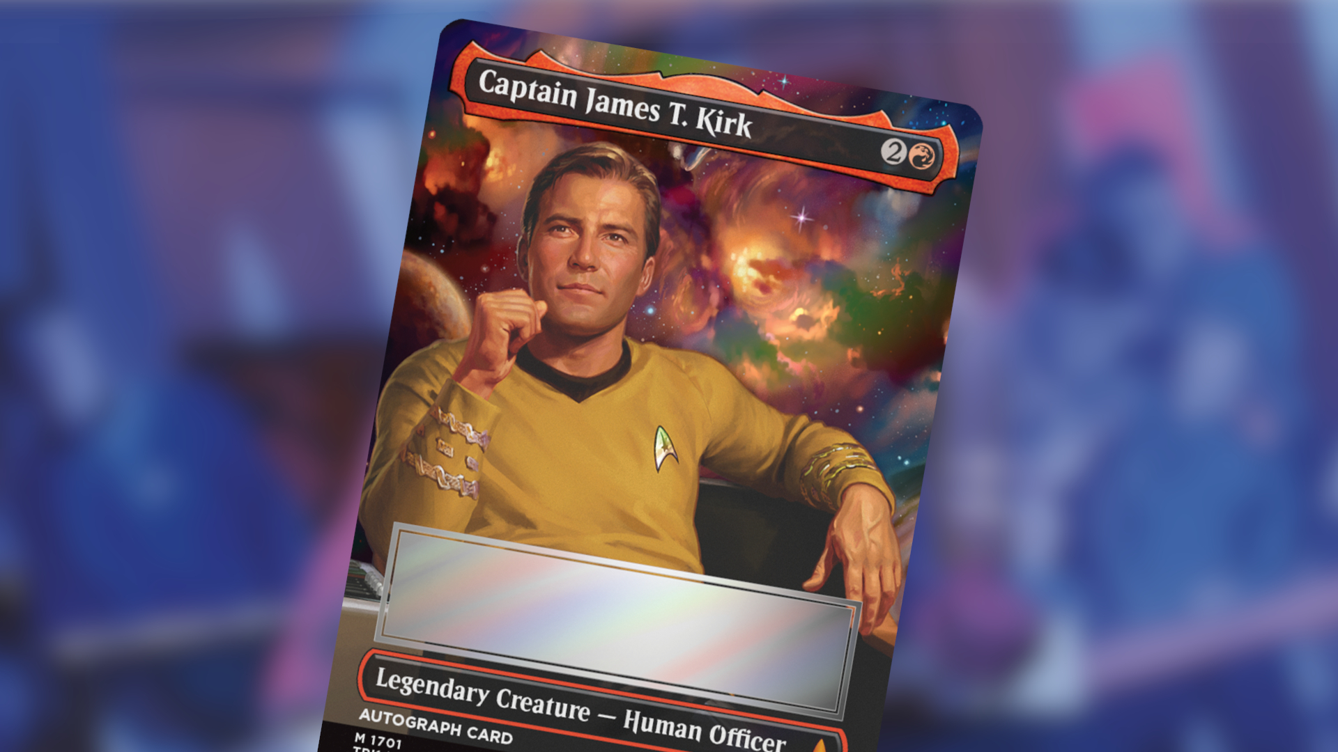 An Autograph Card of Captain James T. Kirk against a blurred background of the Enterprise bridge