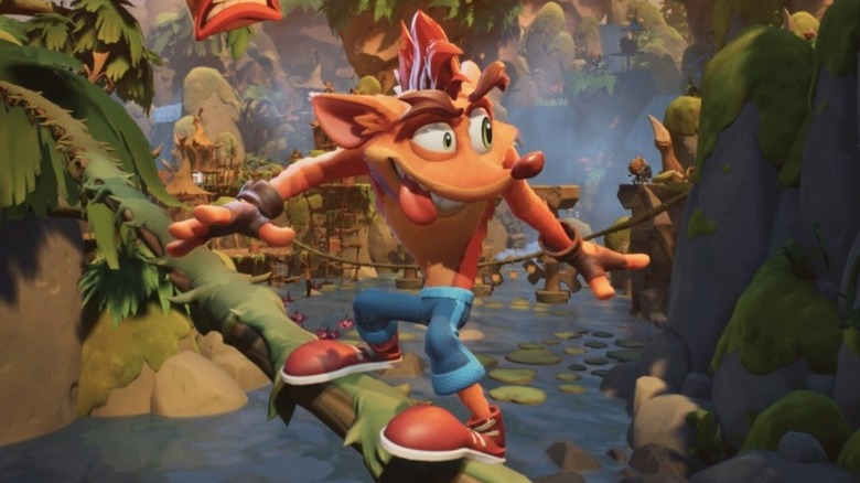 Crash Bandicoot slides down a tree branch in Crash Bandicoot 4: It's About Time
