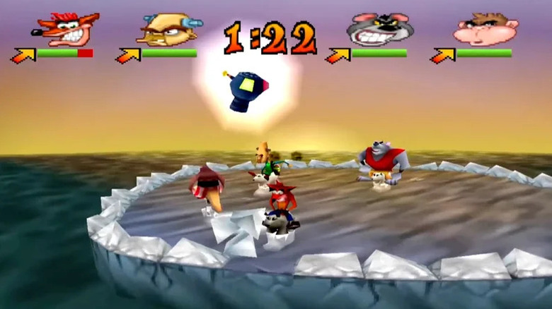 Crash Bandicoot rides along the top of an iceberg in 