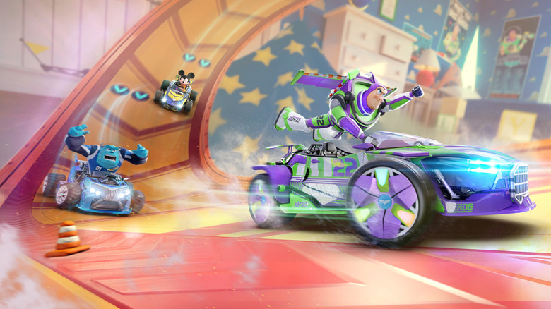 Buzz Lightyear flies above his kart in Disney Speedstorm