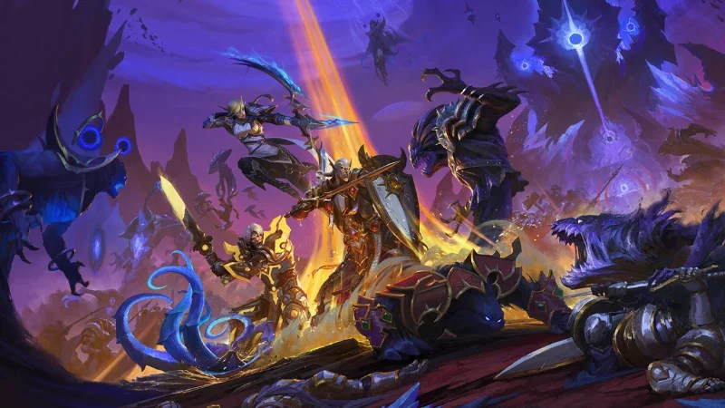 Official Blizzard artwork from World of Warcraft, featuring a group of adventurers battling demons in a nether world environment.