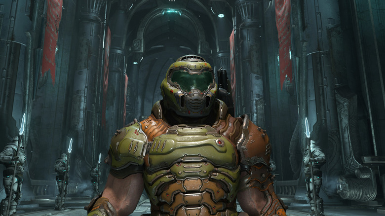 Doom Slayer stands in a temple in Doom Eternal