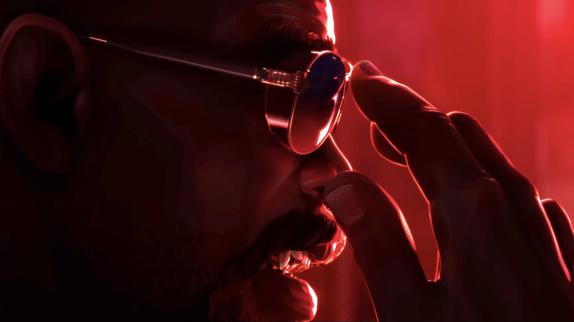 a close-up side profile of Blade as he slips on his glasses in front of a red background