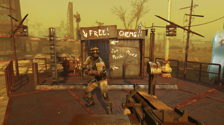 The survivor and a raider point guns at each other in 
