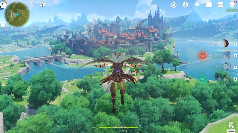 The player flying toward a city in Genshin Impact