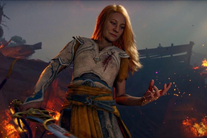 Faye from God of War Laufey wielding a sword with sparks flaming from her hand.