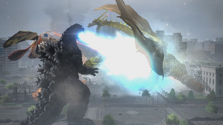 Godzilla fighting Mothra and King Ghidorah in 