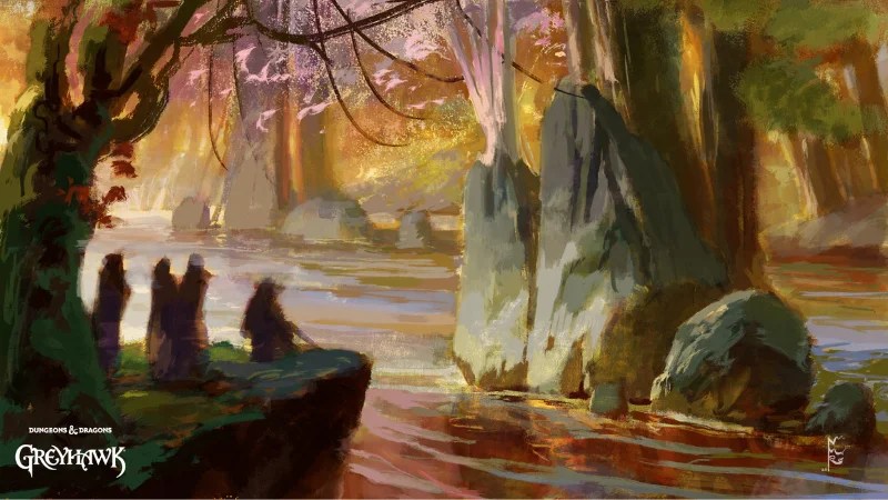 Official D&D art from the campaign book "Crown of the Witch Queen," featuring three adventurers entering a mysterious forest.