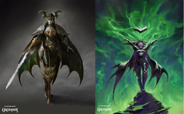 Two side-by-side images from the D&D campaign book "Crown of the Witch Queen," featuring the vampire Drelzna with her sword at the ready and in the middle of casting a powerful spell.