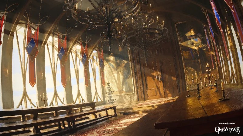 Official D&D art from the campaign book "Crown of the Witch Queen," featuring a sprawling chamber inside a castle.