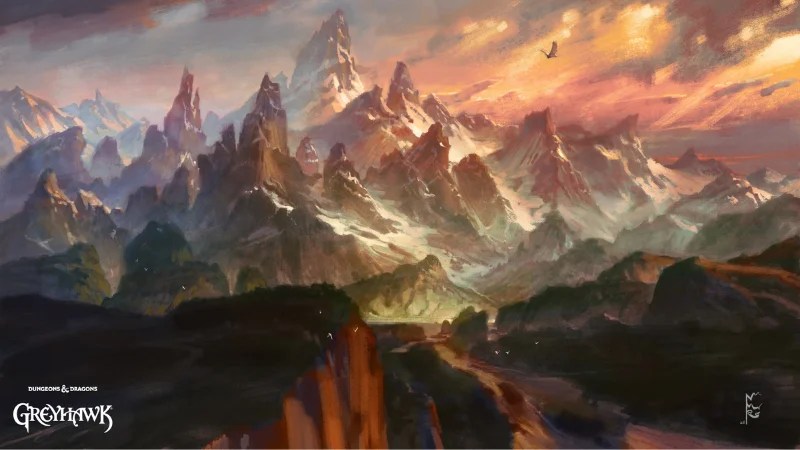Official D&D art from the campaign book "Crown of the Witch Queen," featuring the sprawling Yatil Mountains.
