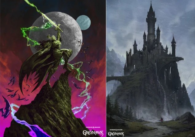 Official D&D art from the campaign book "Crown of the Witch Queen," featuring two images: the vampire Drelnza on one side and a sprawling castle on the other.