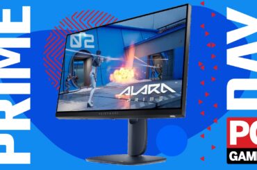 An Alienware AW2525HM gaming monitor on a custom PC Gamer Prime Day background.