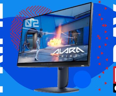 An Alienware AW2525HM gaming monitor on a custom PC Gamer Prime Day background.