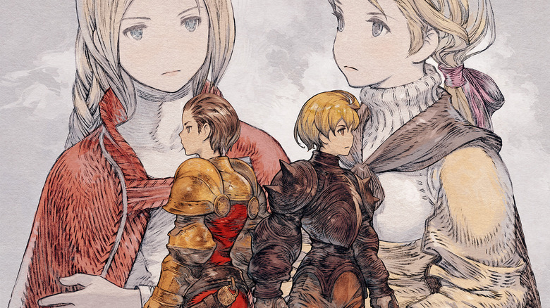 Princess Ovelia and Prince Orinas stand with their backs to each other on the cover art for Final Fantasy Tactics: The Ivalice Chronicles