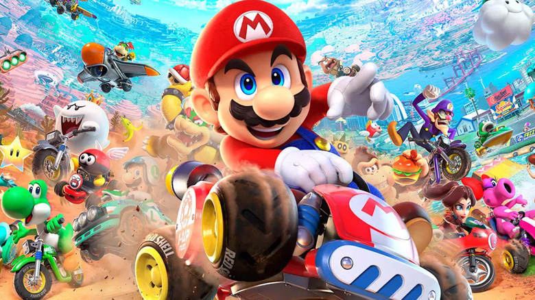 Mario races ahead of a group of racers on the cover art for Mario Kart World