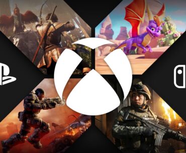 Composite image with screenshots of Modern Warfare 4, Spyro: A Realm Beyond, Gears of War: E-Day, and Fable in the wings of the Xbox logo