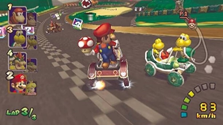 Mario prepares to use a mushroom to boost past a Koopa Troopa in Mario Kart: Double Dash!!