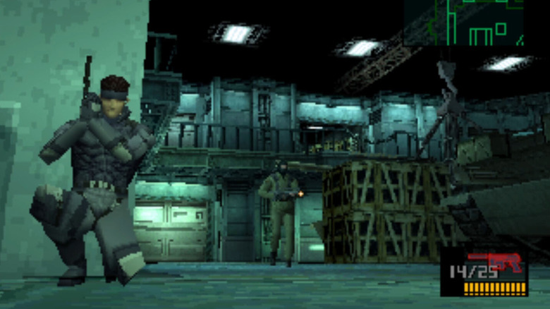 Solid Snake hides behind a wall as a guard approaches in Metal Gear Solid