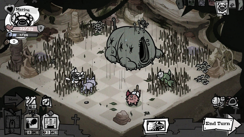 A group of cats move around a rainy field with a large monster in the center in Mewgenics